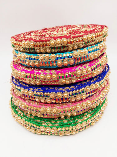 Cerise Pink Fabric Embroidered Trim with Gold Beads, Decorative Sari Trim, Trim By 3 Yards